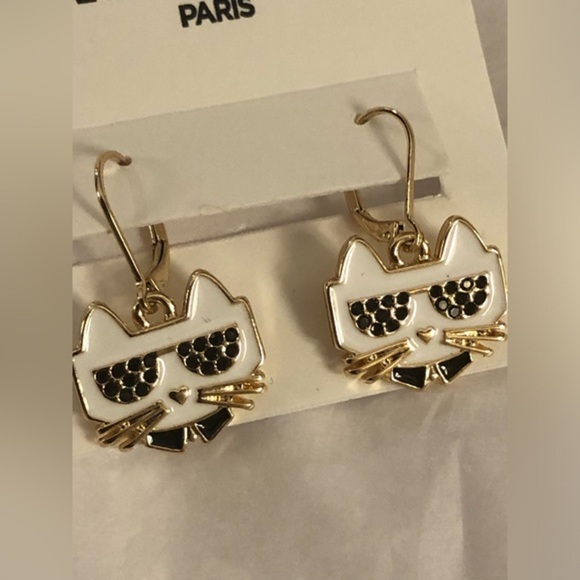 Karl Lagerfeld black white gold plated choupette cat dangling latchback earrings - Picture 5 of 7